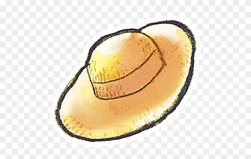 Hand-drawn illustration of a classic wide-brimmed straw hat with a ribbon band, rendered in warm yellow and tan tones.