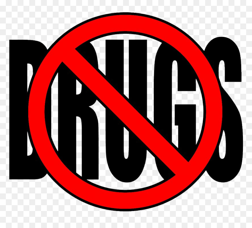 Red prohibition symbol over bold black "DRUGS" text, indicating anti-drug message.