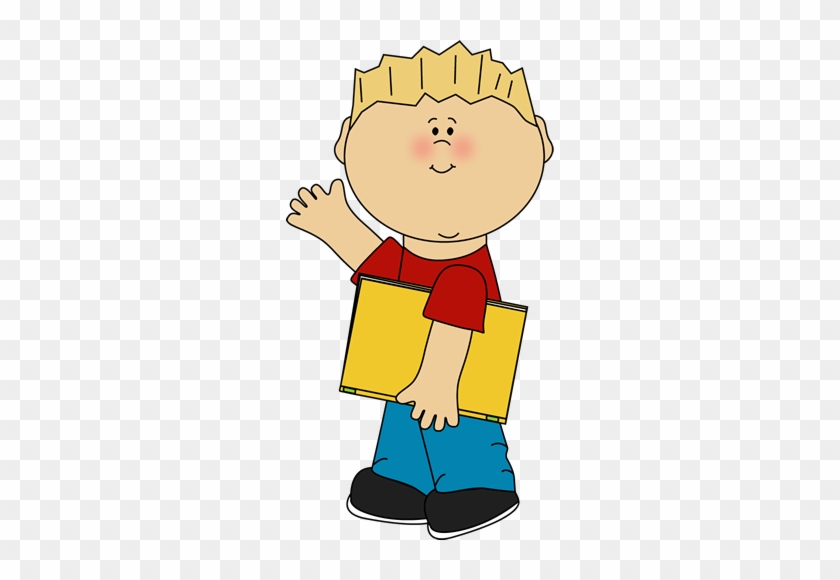 Cartoon boy with blond hair, red shirt, blue pants, waving and holding a yellow book.