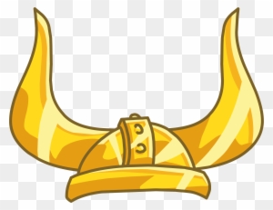 Golden cartoon-style Viking helmet with two large horns and a decorative band, isolated on transparent background.