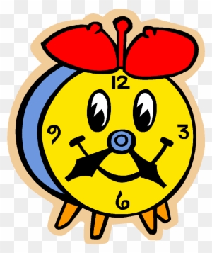 Cheerful yellow cartoon alarm clock with red bells, big eyes, and smiling face showing 10:10.