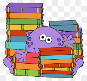 A purple cartoon monster with big eyes hugs a colorful stack of books, surrounded by more book piles.