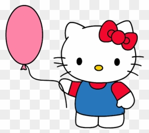 Hello Kitty holding a pink balloon, wearing a red bow and blue dress.