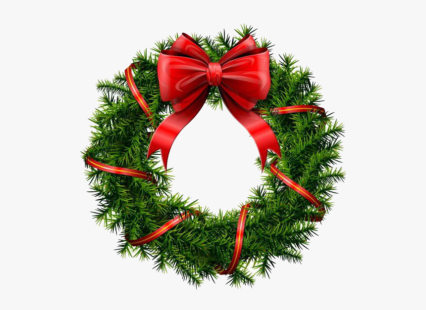 Green pine wreath with glossy red ribbon bow and trailing ribbons, festive holiday decoration.