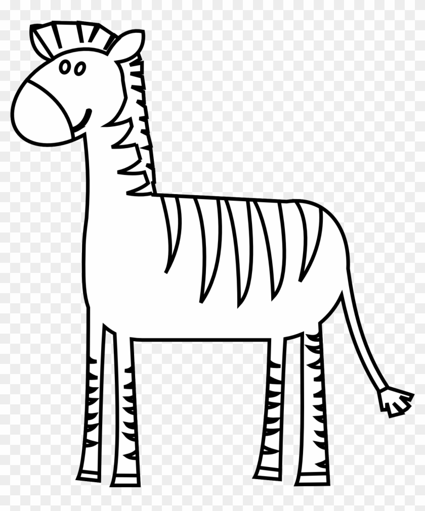 Simple black-and-white line drawing of a cartoon zebra standing sideways with striped pattern and friendly face.