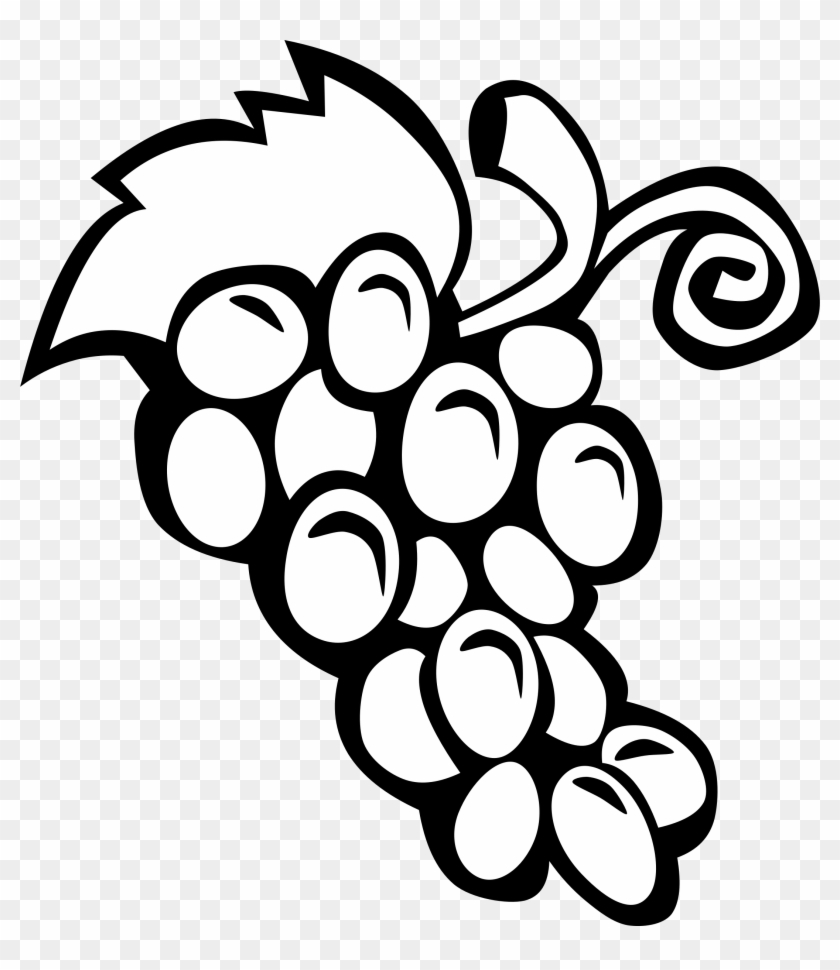 Black-and-white stylized illustration of a grape cluster with leaf and vine swirl.