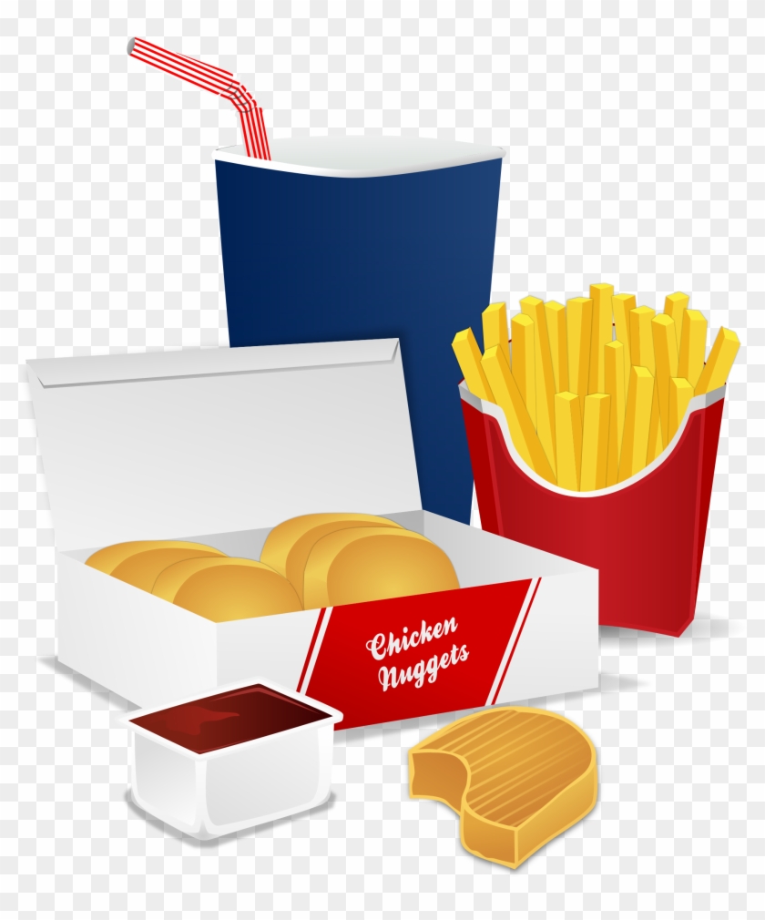 Chicken nuggets in a box, fries in red container, soda cup with straw, and dipping sauce on transparent background.