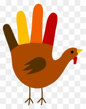 Handprint turkey craft with colorful fingers as feathers, brown body, and yellow beak on transparent background.