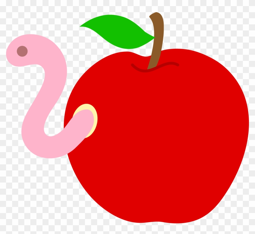 A bright red apple with a green leaf and brown stem, featuring a pink cartoon worm emerging from its side.