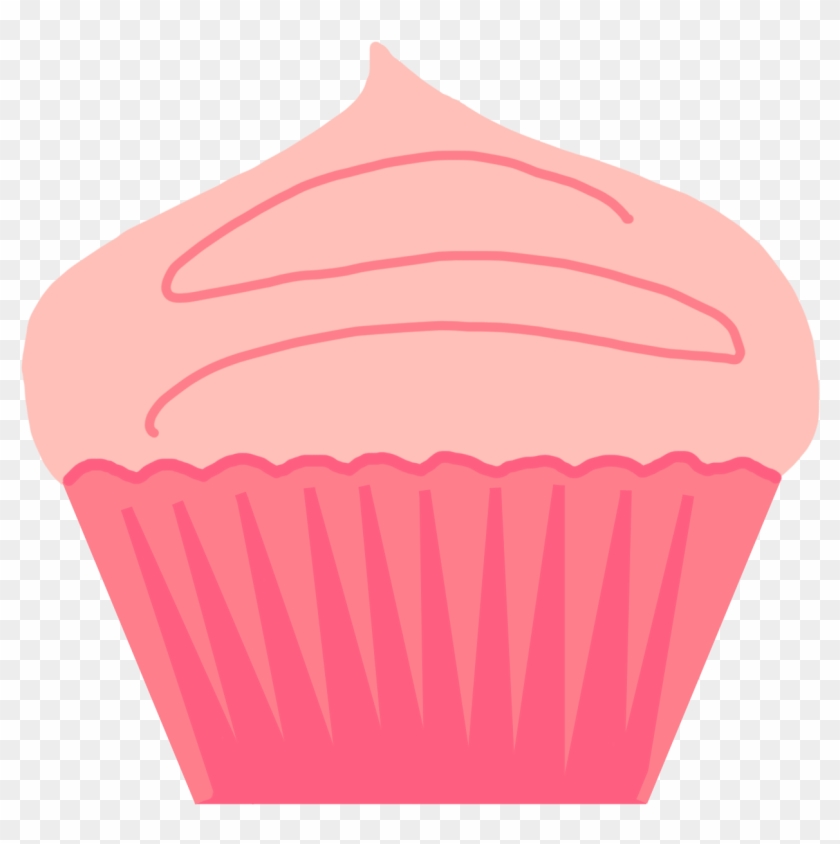 Pink frosted cupcake in a ruffled paper liner, illustrated in soft pastel tones.