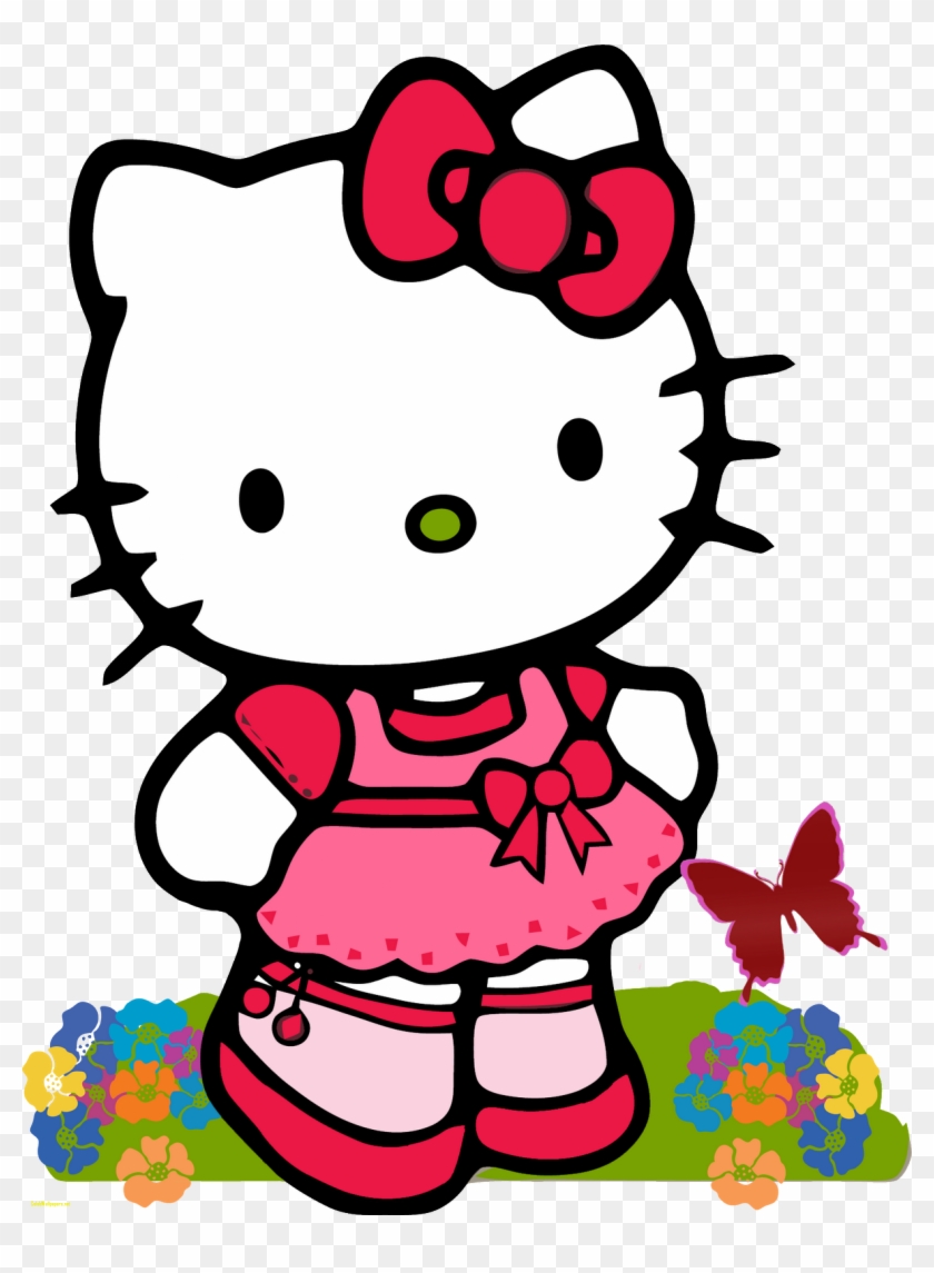 Hello Kitty in a pink dress with red bow, standing among colorful flowers and a butterfly.