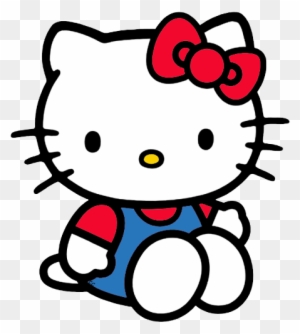 Hello Kitty sitting with red bow, blue dress, and red sleeves on transparent background.