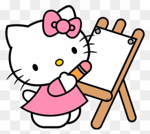 Hello Kitty wearing a pink dress and bow, drawing on a canvas with a pencil at an easel.