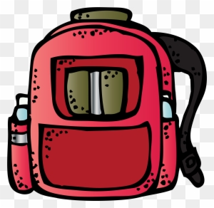 Red cartoon-style backpack with front pocket, water bottle, and visible books inside.