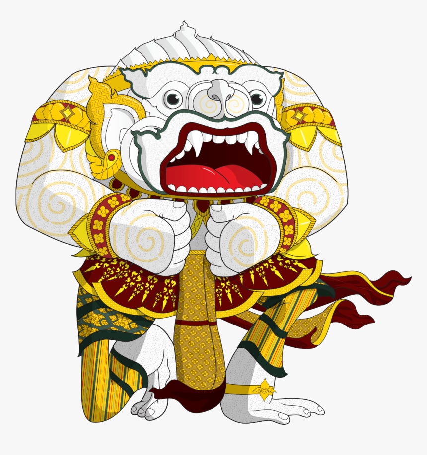 Thai traditional demon guardian (Yaksha) in ornate golden and red costume, roaring with fierce expression and intricate patterns.