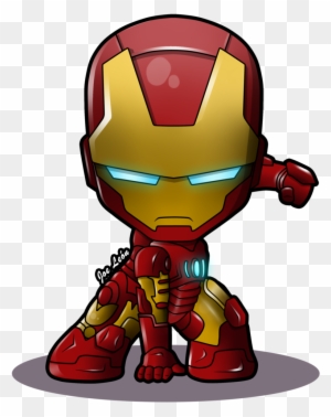 Chibi-style Iron Man in red and gold armor, crouching with glowing blue eyes and repulsor on chest.
