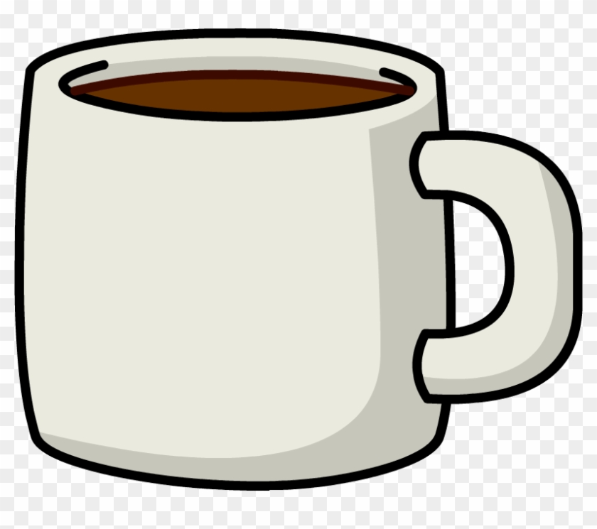 White ceramic mug filled with dark coffee, cartoon-style illustration on transparent background.