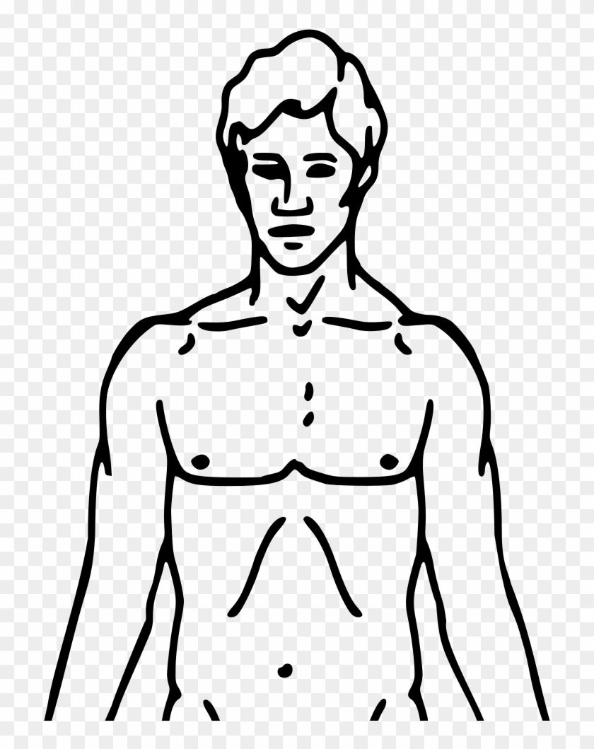 Line drawing of a shirtless male figure showing upper torso, arms, and head with minimal facial features.