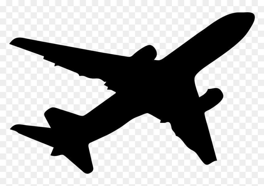 Black silhouette of a commercial airplane in flight, viewed from below against transparent background.