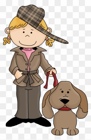 Young girl detective in trench coat and plaid hat holding leash of brown dog, cartoon style.