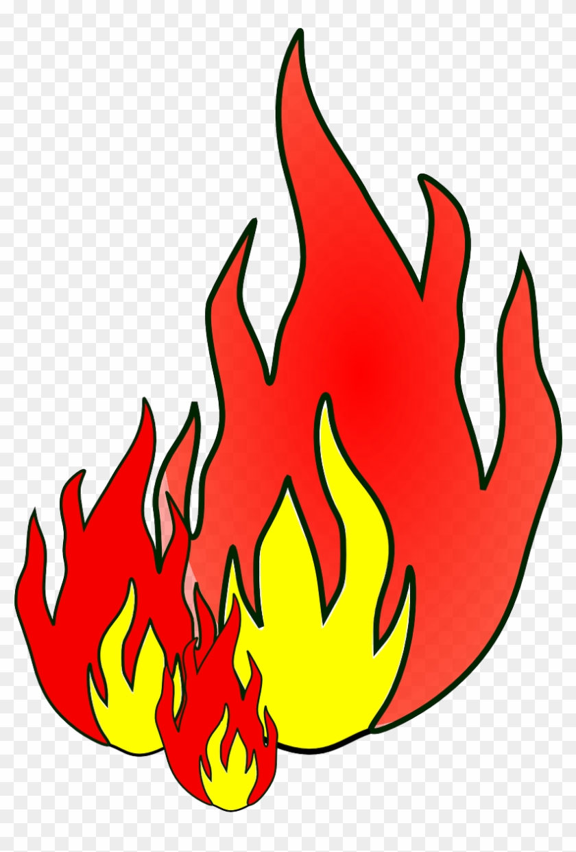 Stylized cartoon flame with red and yellow layers, black outline, on transparent background.