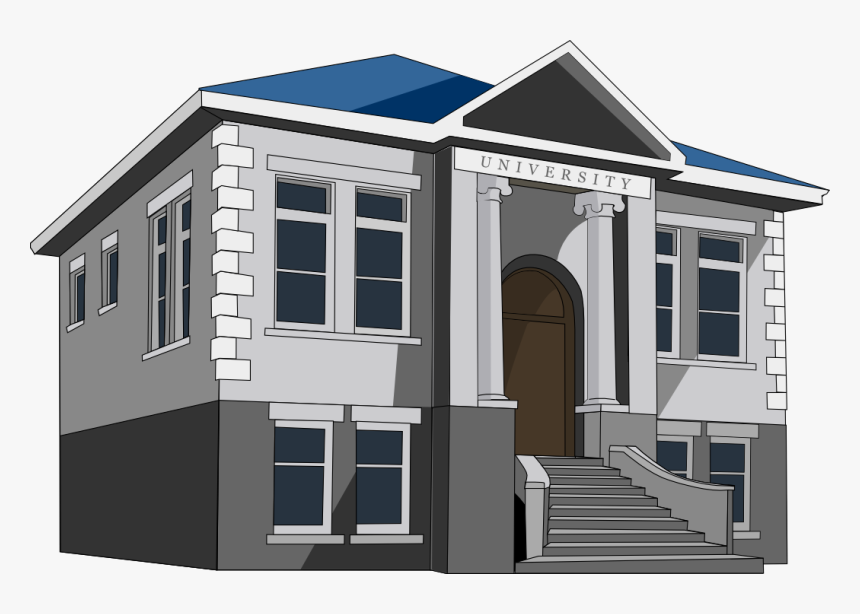 Classic two-story university building with columns, arched entrance, and blue roof.