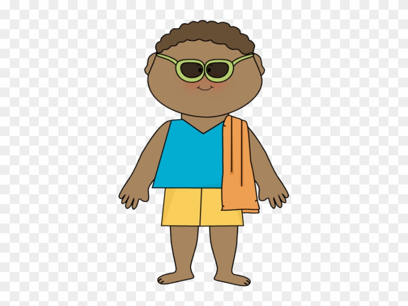 Cartoon boy with curly hair, green sunglasses, blue tank top, yellow shorts, and orange towel over shoulder.