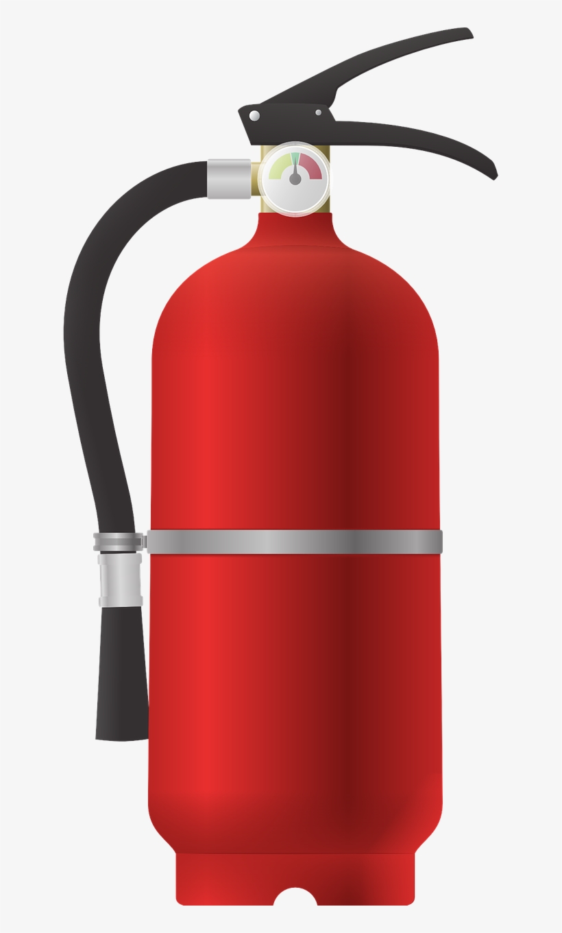 Red fire extinguisher with black hose, pressure gauge, and metal strap on white background.