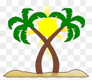 Two green palm trees with crossed trunks on sandy ground, sun shining behind them.