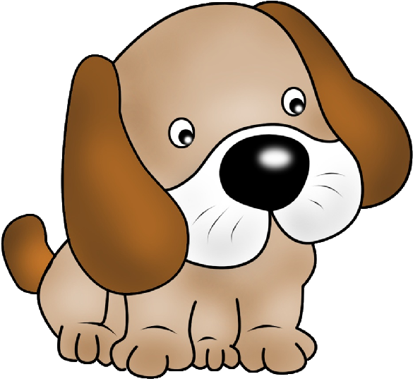 Cute cartoon brown and white puppy with floppy ears and big eyes, sitting and looking forward.