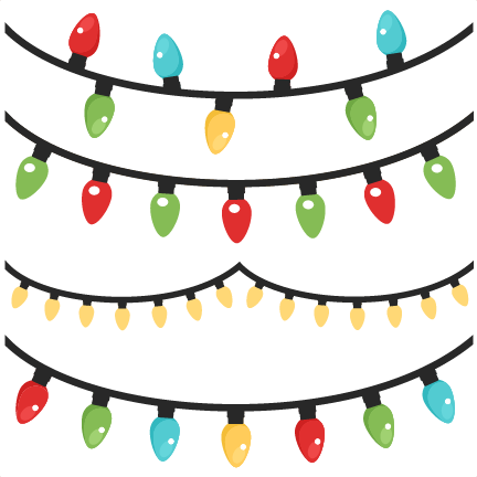 Four strands of colorful cartoon-style Christmas string lights in red, green, blue, yellow, and teal on black wires.