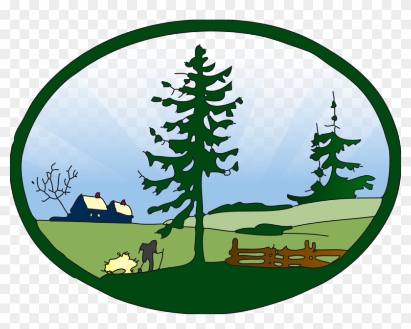 Rural landscape with evergreen trees, farmhouse, fence, and hiker in oval frame.