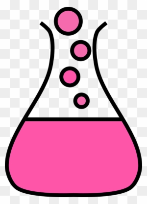 Pink liquid bubbling in a conical Erlenmeyer flask, cartoon-style illustration.