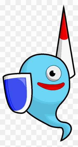 Blue ghost-like character holding a shield and wearing a red-tipped party hat, smiling cheerfully.