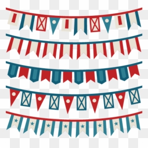 Red, white, and blue festive bunting banners with stars, stripes, and barn motifs for patriotic or celebratory events.