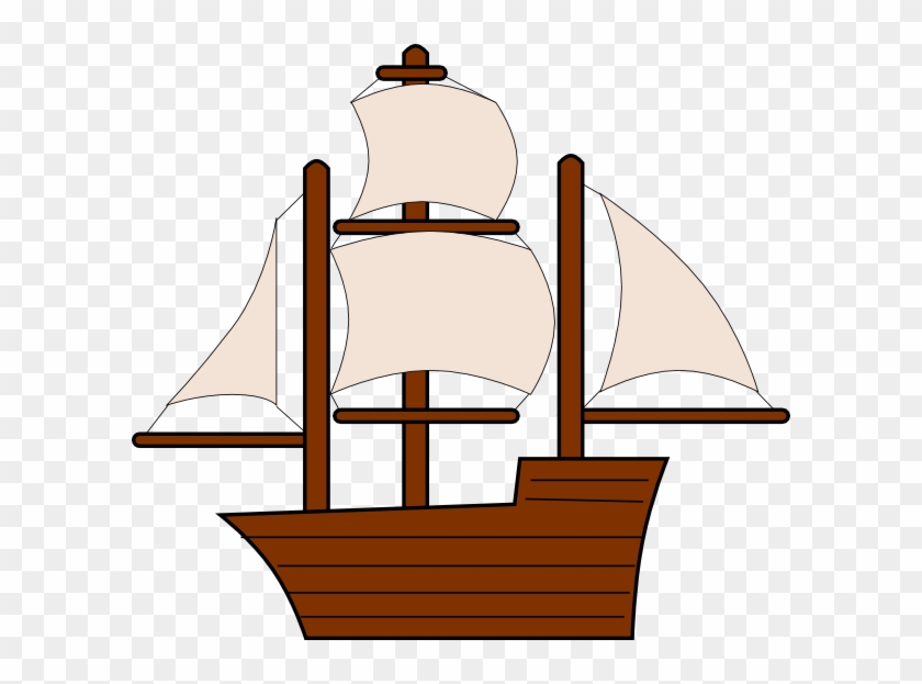 Simple cartoon-style wooden sailing ship with three masts and beige sails on transparent background.
