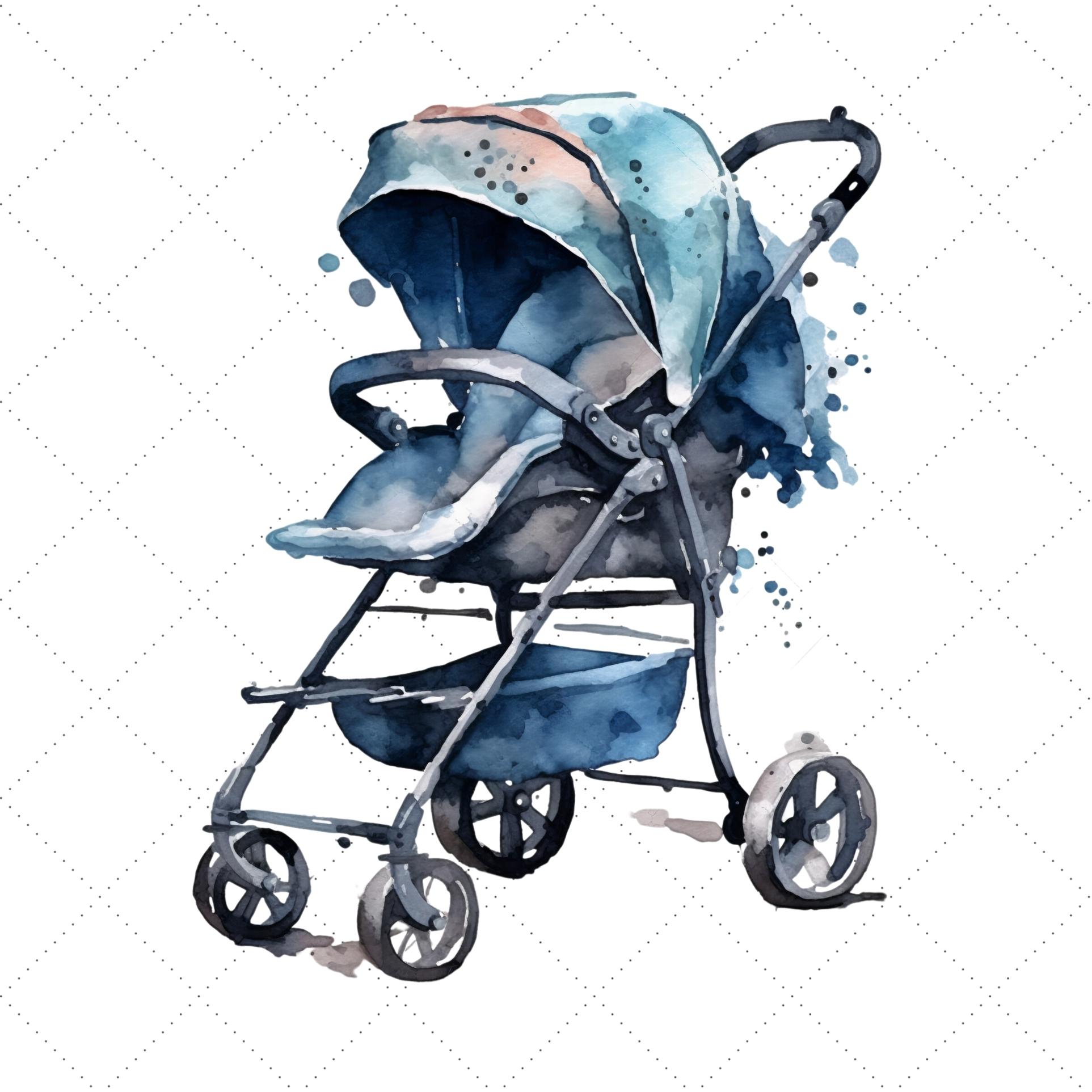 Watercolor illustration of a modern blue baby stroller with canopy and four wheels on a dotted grid background.