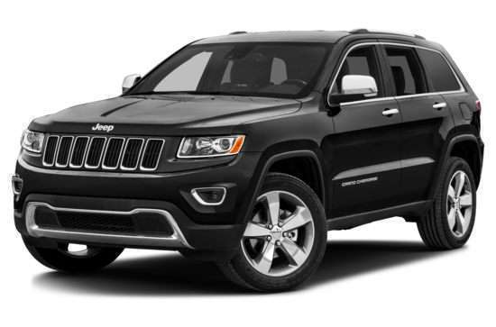 Black 2016 Jeep Grand Cherokee Limited with chrome grille and alloy wheels, studio shot on white background.