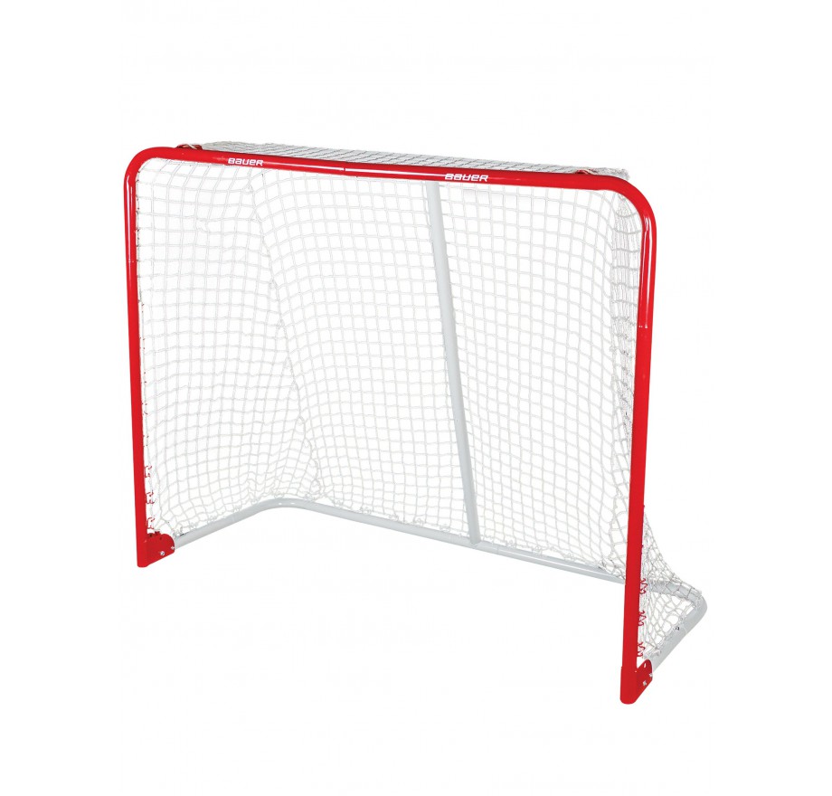 Bauer youth hockey goal with red frame and white net, portable design for practice or backyard use.
