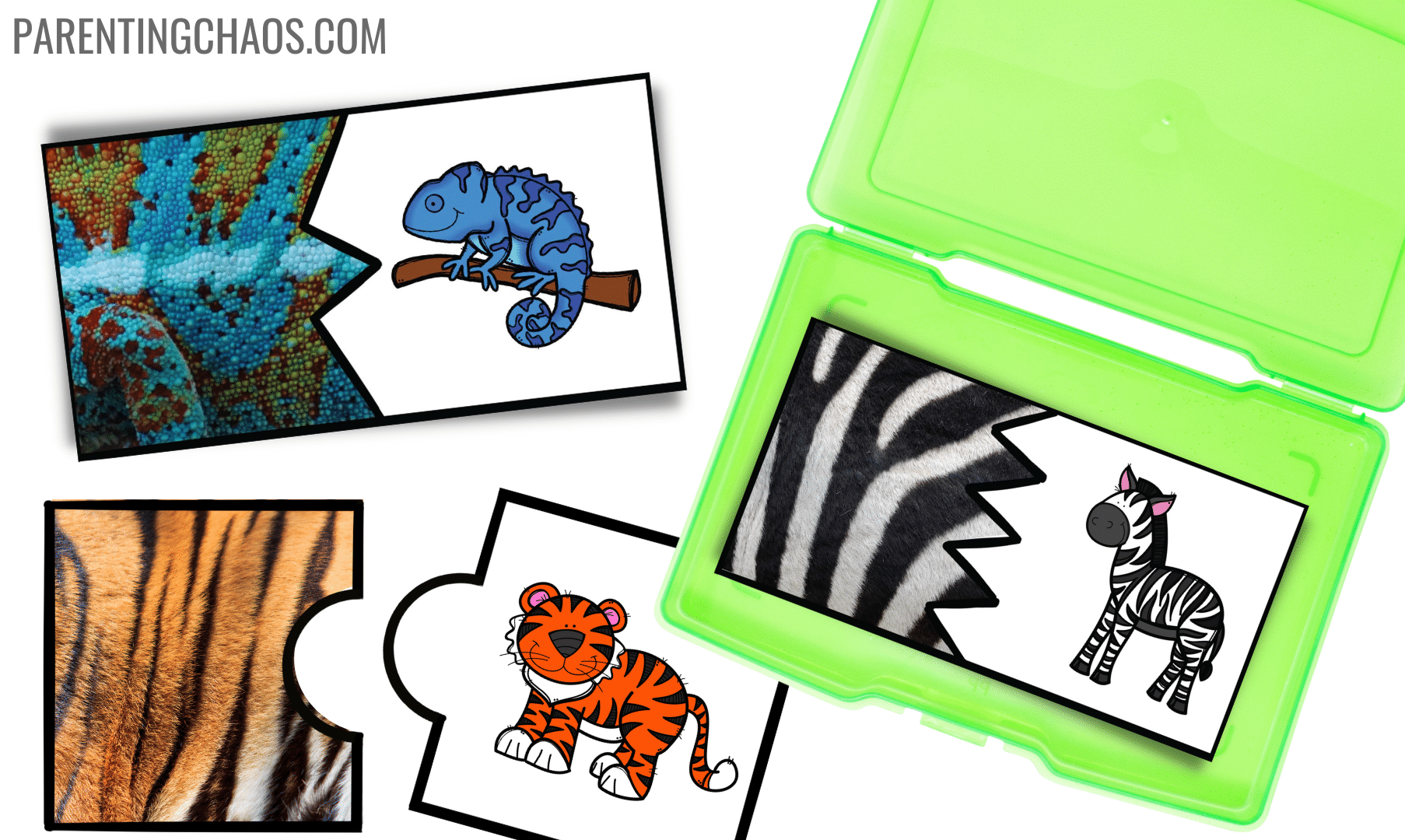 Animal pattern matching puzzle cards for kids with chameleon, tiger, and zebra in a green case.