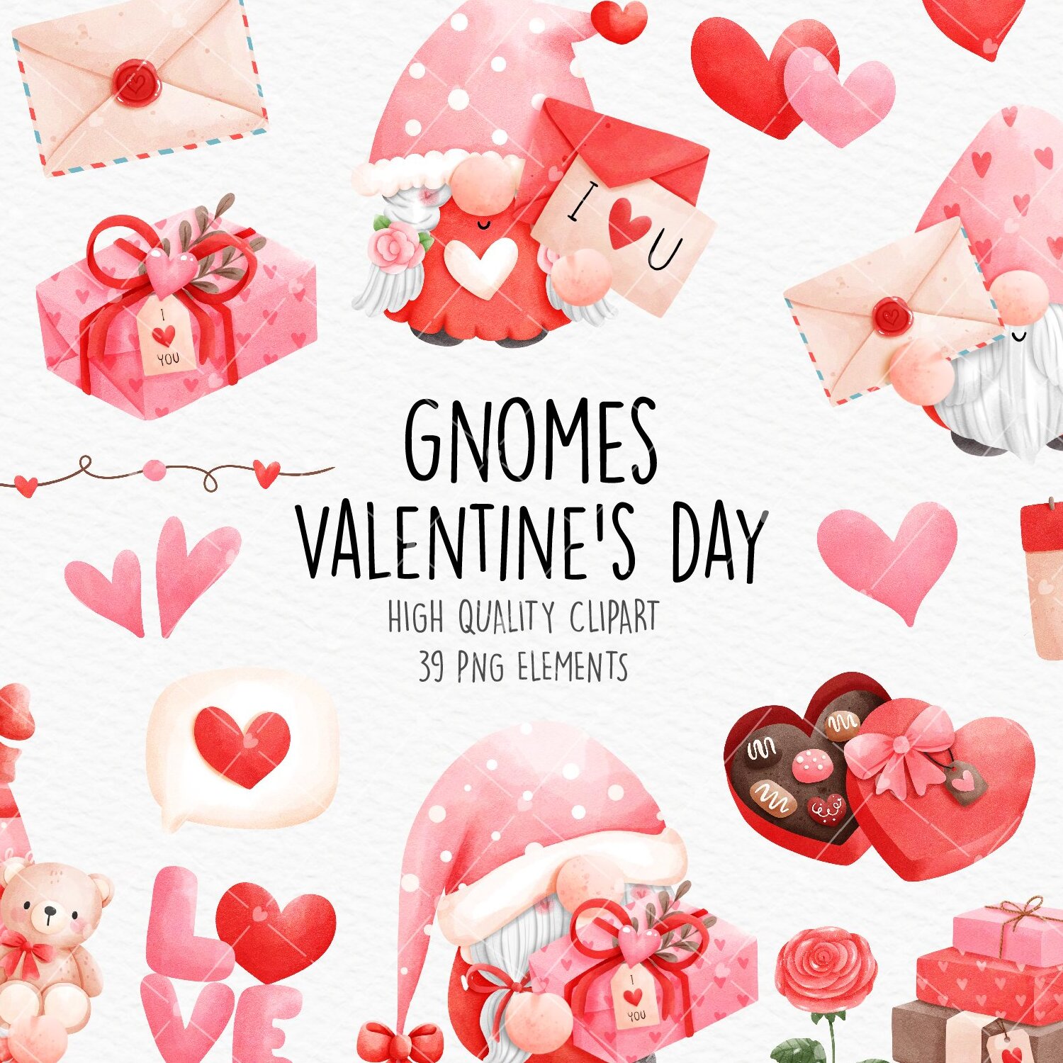 Cute Valentine’s Day clipart featuring gnomes, hearts, gifts, envelopes, and chocolates in watercolor style.