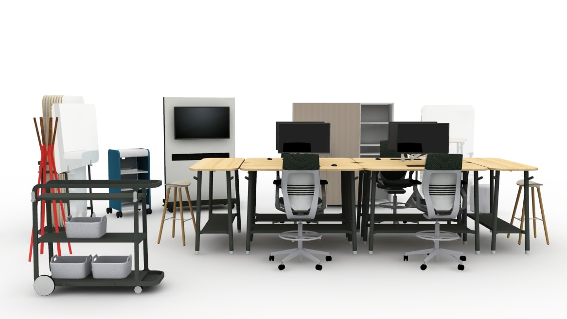 Modern office furniture setup with modular desks, ergonomic chairs, storage carts, and digital displays on white background.