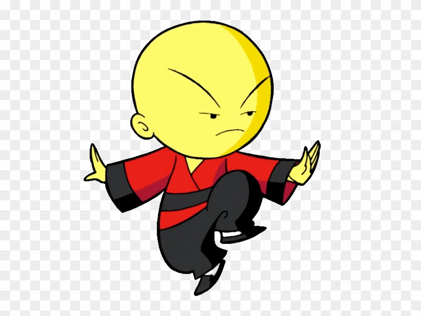 A cartoon bald martial artist in red and black robes performing a kung fu stance with an angry expression.