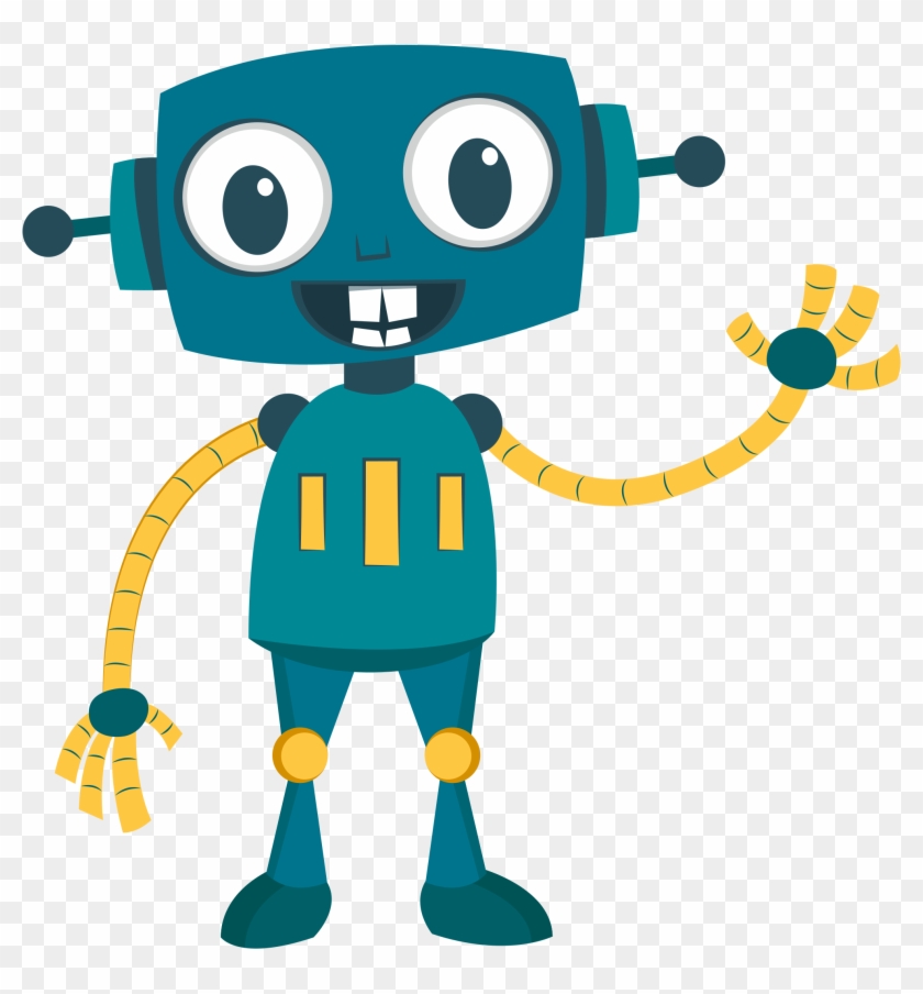 Friendly blue cartoon robot waving with yellow segmented arms and big eyes.