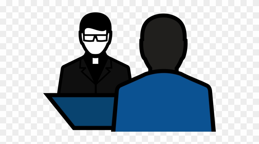 Priest in clerical collar and glasses counseling a person seated across a desk.