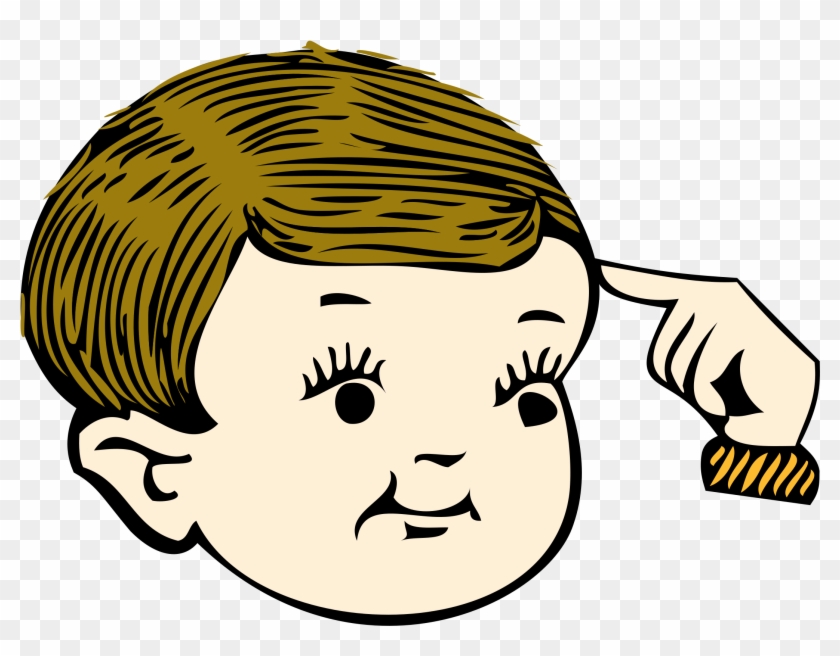 Cartoon child with brown hair pointing to temple, thoughtful expression.