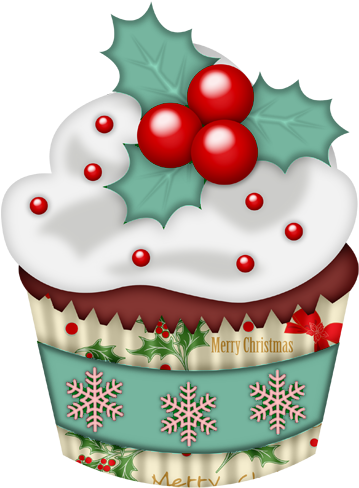 Festive Christmas cupcake with white frosting, holly leaves, red berries, and snowflake-decorated wrapper.