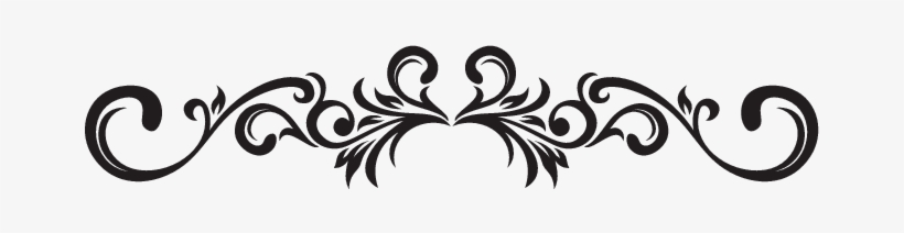 Black ornamental flourish divider with symmetrical scrollwork and leaf motifs on white background.