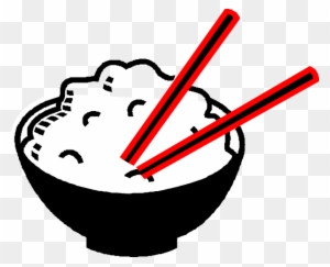 A black bowl filled with white rice and red chopsticks resting on top, in a simple line-art style.