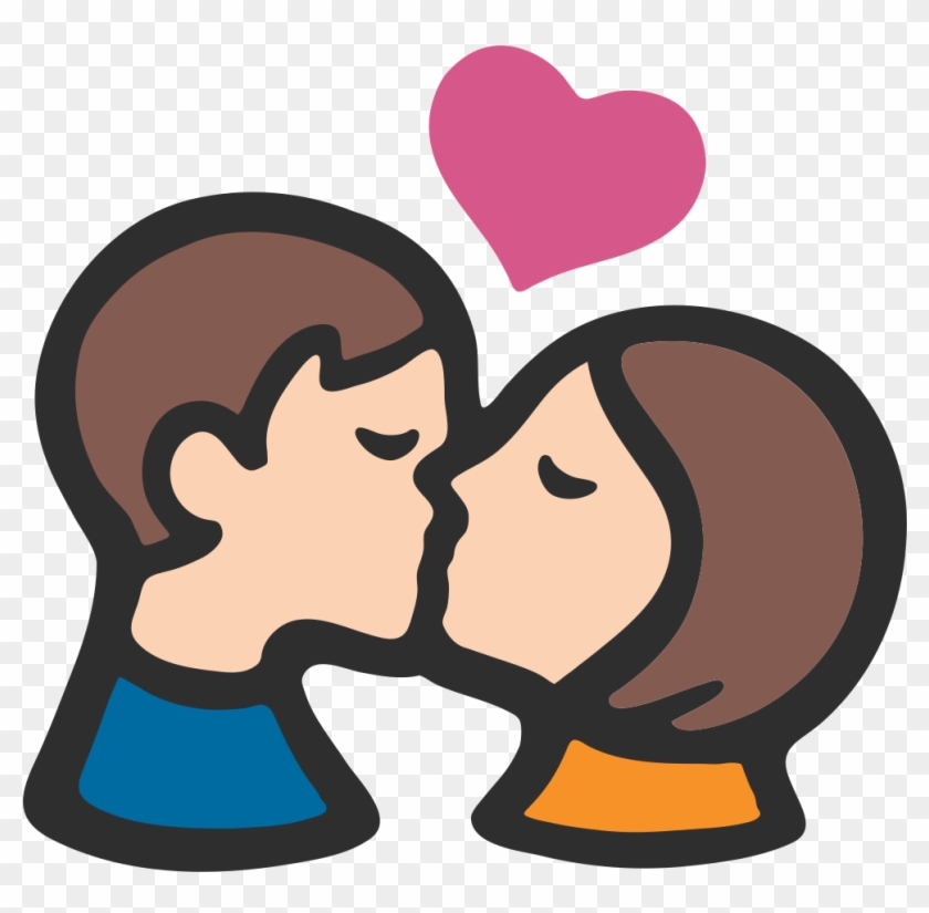 Cartoon illustration of a man and woman kissing with a pink heart above them.